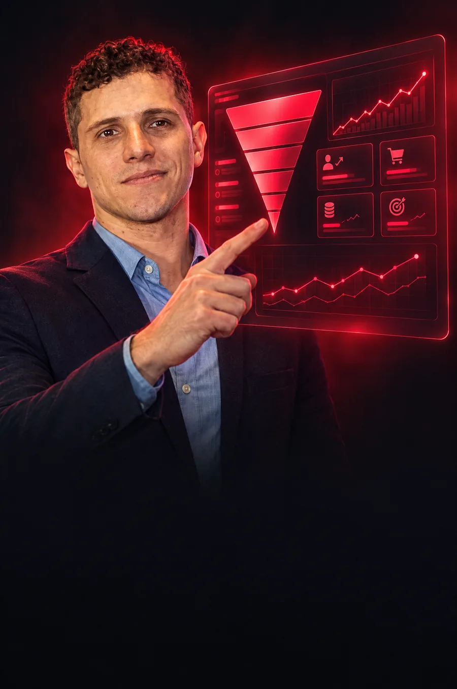 Paulo Renan apontando para um painel de métricas com funil