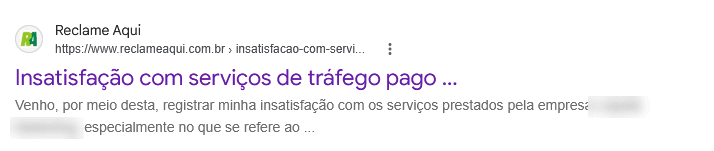 Reclamação: insatisfação com serviços de tráfego pago prestados por uma empresa de marketing