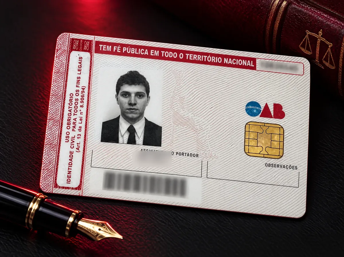 Carteira da OAB de Paulo Renan sobre a mesa, com número, assinatura e código de barras ocultados